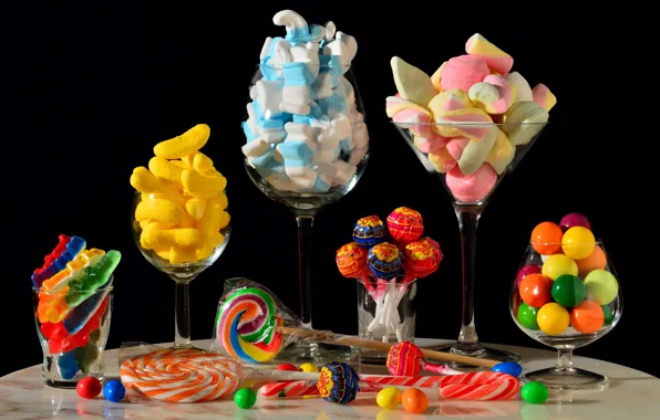 Table, food, glasses, candy, banks, black background, still life, pastry