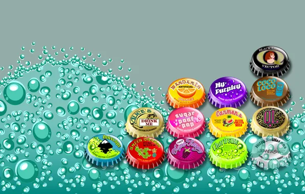 Bubbles, vector, cover, bright colors, carbonated drink, colored caps