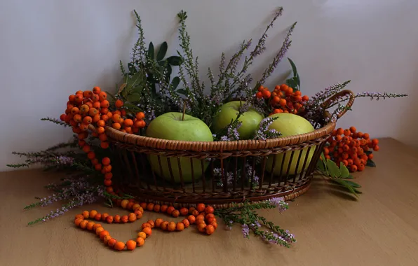 Picture summer, flowers, berries, apples, fruit, Rowan, composition, Heather