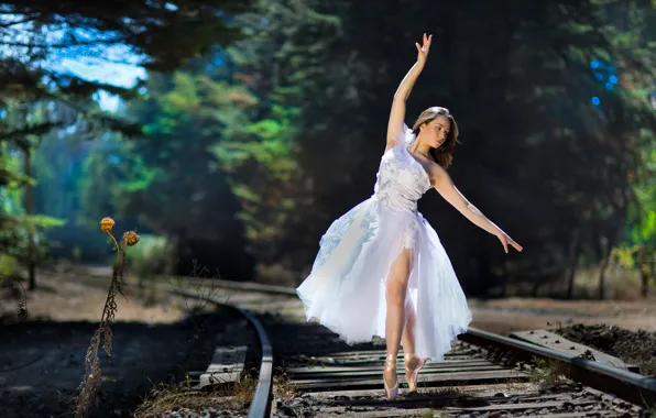 Picture girl, dance, railroad, ballerina