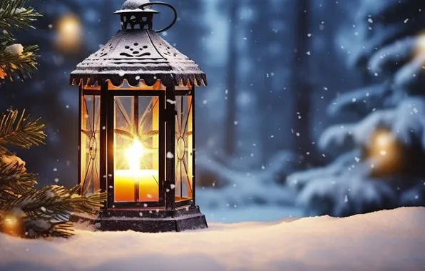 Winter, snow, night, Christmas, lantern, New year, Christmas, night