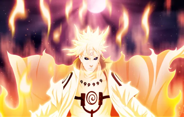 Picture night, fire, magic, the moon, anime, art, naruto, guy