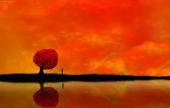 Picture autumn, tree, people, autumn reflection