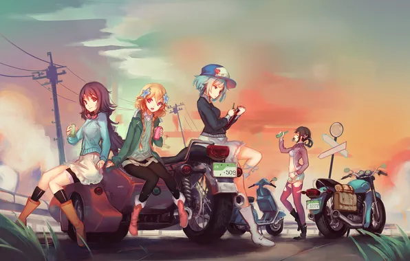 Road, girls, motorcycles, anime, signs, art, doomfest, moritomo nozomi