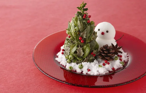 Tree, plate, snowman, bump, red background