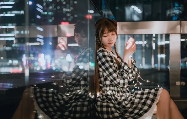 Beautiful, Asian, Model, Glass, Night, Woman, Building, Reflection