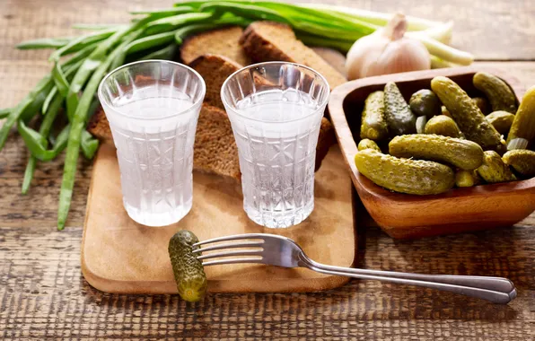 Picture snack, vodka, cucumbers, booze, shot glass, green onions