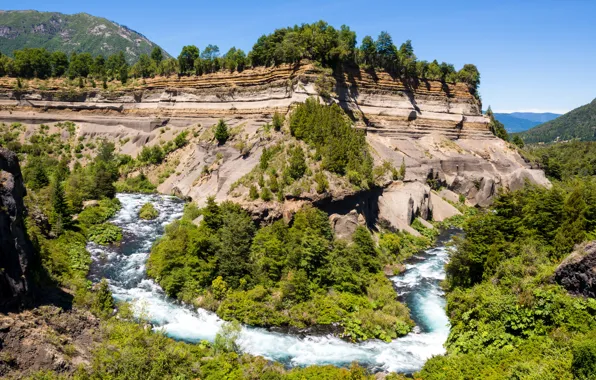 Picture forest, trees, mountains, rocks, river, Sunny, Chile, Conguillio National Park