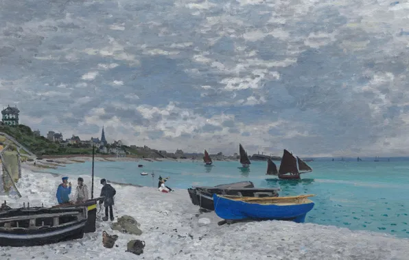 Picture landscape, boat, picture, sail, Claude Monet, The beach at Sainte-Adresse