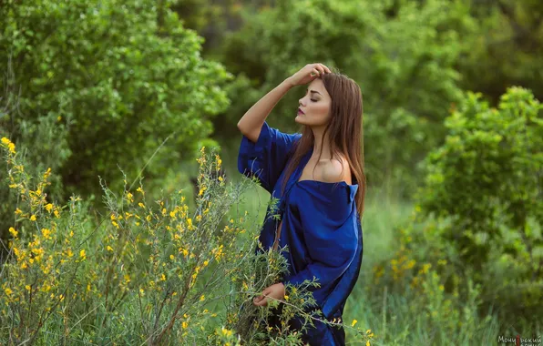 Girl, pose, hand, shoulder, long hair, nature, closed eyes, Leonid Mochulsky