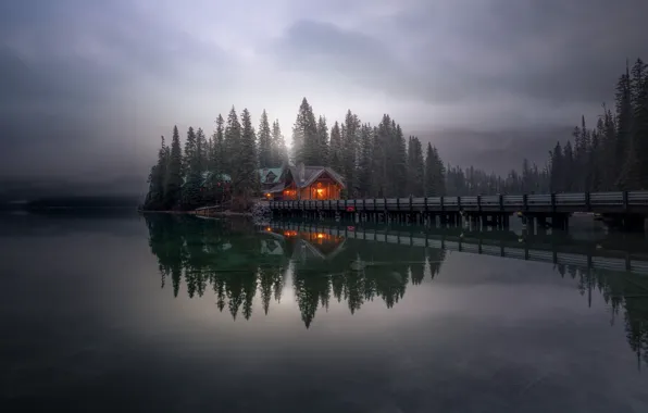 Forest, clouds, light, mountains, bridge, lights, fog, lake
