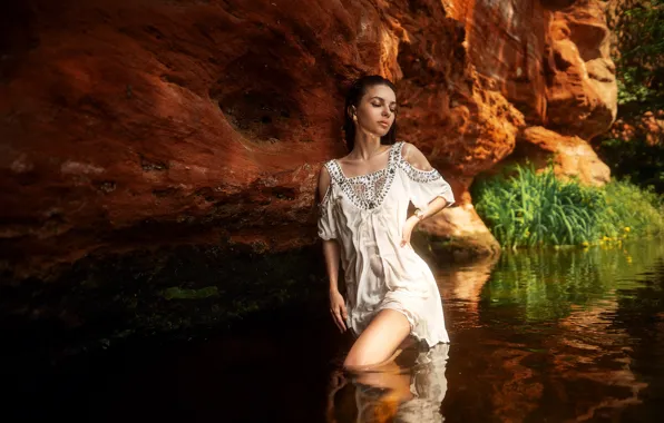 Pose, rocks, model, portrait, wet, makeup, figure, dress