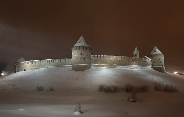 Picture winter, the sky, snow, night, the city, wall, tower, the Kremlin