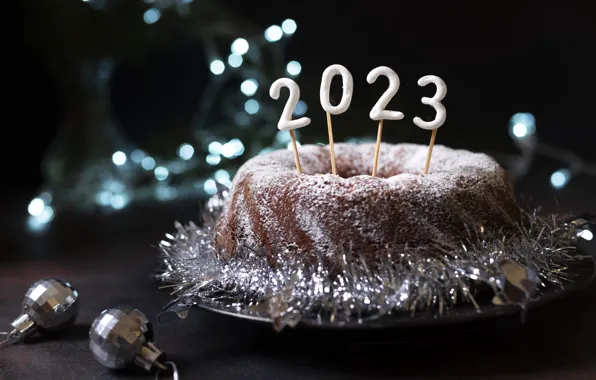 Balls, lights, the dark background, silver, figures, pie, cake, New year