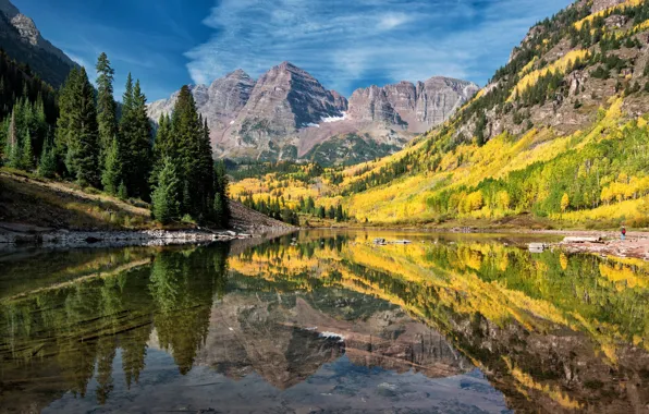 Autumn, mountains, reflection, Colorado, USA, Aspen, lake maroon
