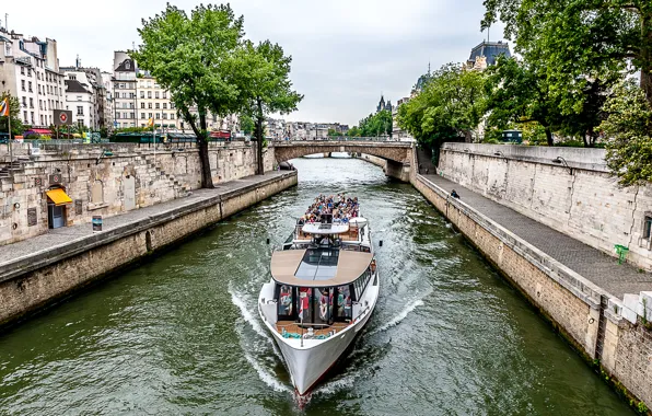 The sky, trees, bridge, river, France, Paris, ship, home