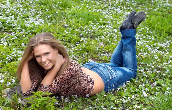 Grass, girl, flowers, smile, mood, jeans, hairstyle, lies