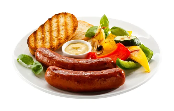 Picture sausage, plate, bread, sauce