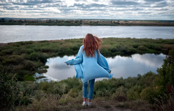 Picture clouds, landscape, pose, river, model, jeans, hairstyle, brown hair