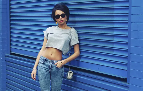 Pose, jeans, earrings, brunette, glasses