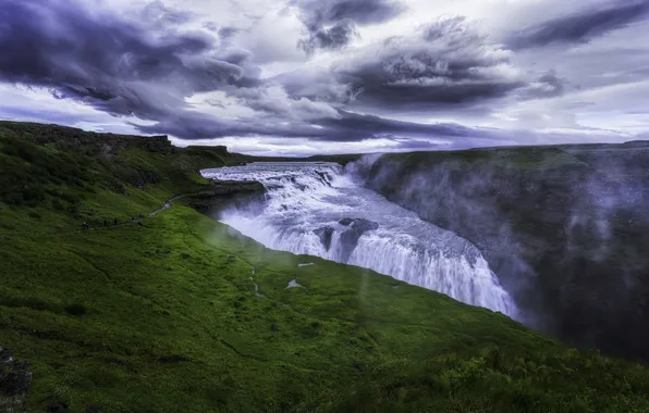 Grass, clouds, waterfall, Iceland, Gullfoss