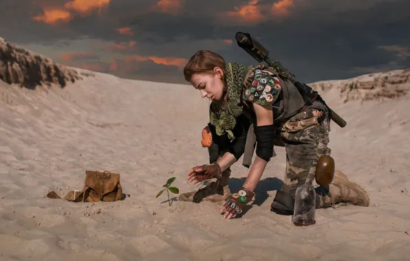 Picture girl, weapons, desert, Dima Begma, New life