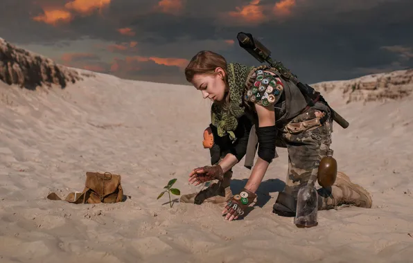 Girl, weapons, desert, Dima Begma, New life