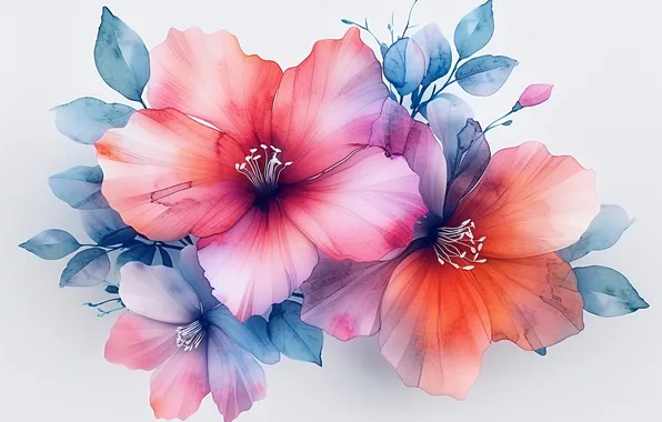 Leaves, flowers, blur, petals, watercolor, red, pink, light background