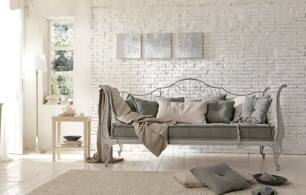 Sofa, interior, brick, forging, country