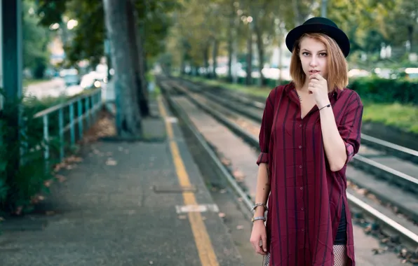 Picture look, trees, model, rails, portrait, hat, makeup, hairstyle