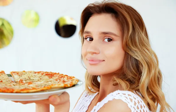 Long hair, model, pizza, brunette, gorgeous, photoshoot, posing, beautiful face
