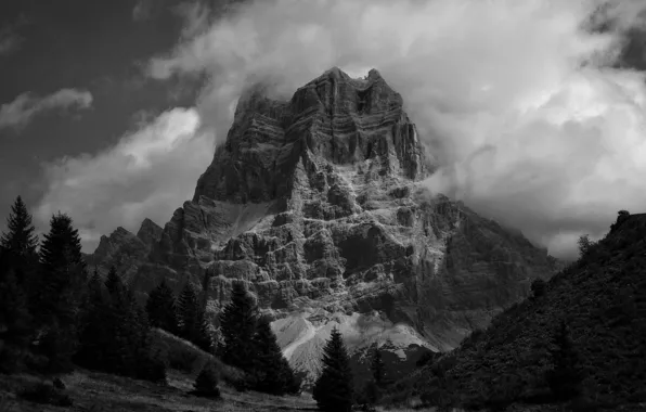 Picture the sky, clouds, trees, mountains, nature, rocks, black and white, monochrome