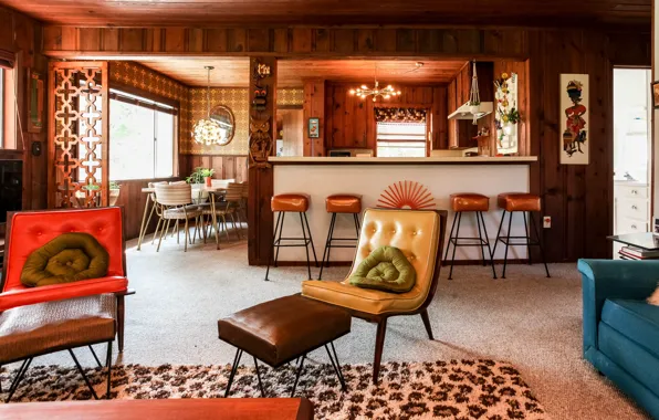Design, interior, kitchen, retro style, living room, dining room, warm colors, Retro Madmen Home