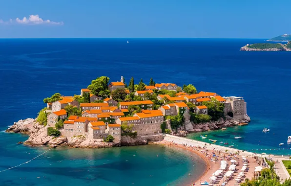 Beach, island, building, Montenegro, The Adriatic sea, Adriatic Sea, Montenegro, Sveti Stefan