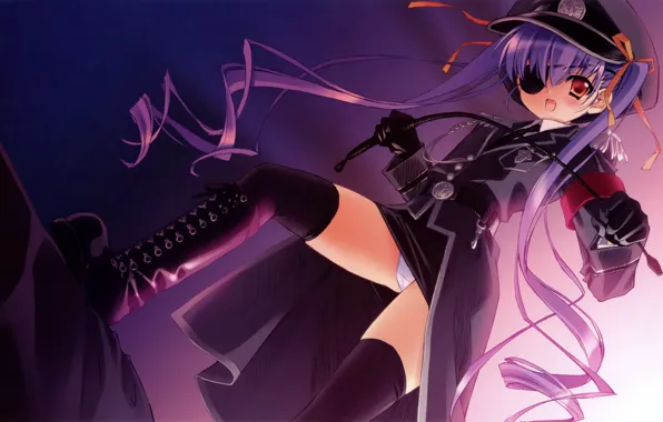 Boots, girl, gloves, cap, grin, art, military uniform, eye patch