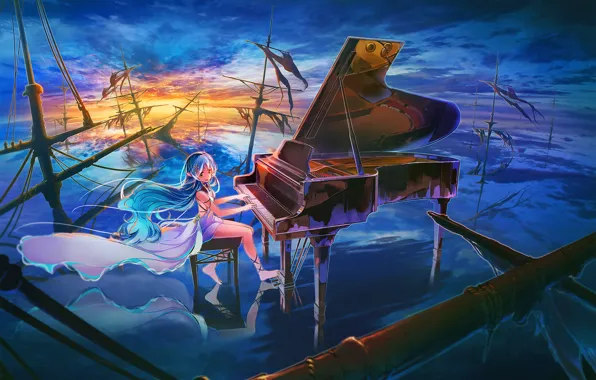 Picture the sky, girl, clouds, sunset, ships, anime, piano, art