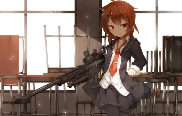 Girl, weapons, skirt, art, tie, form, rifle, office