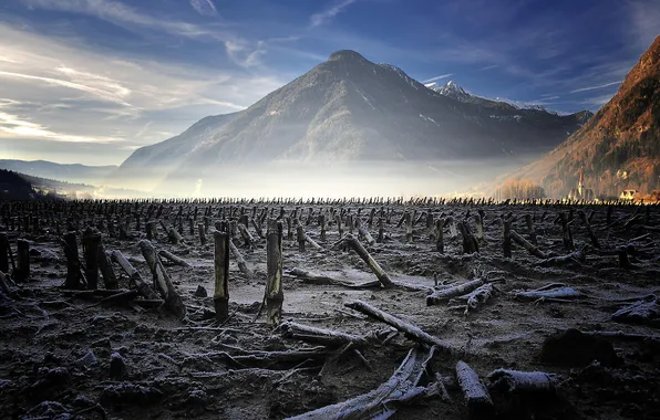 Field, mountains, nature, columns, abandoned vineyard