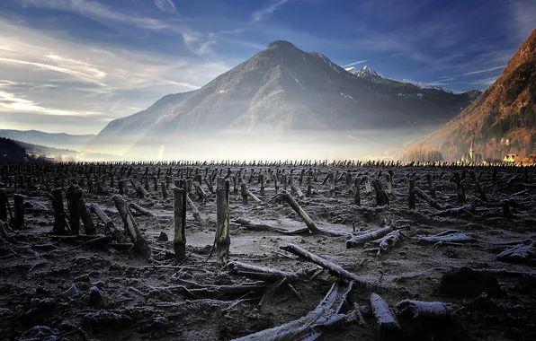 Picture field, mountains, nature, mountain, columns, abandoned vineyard