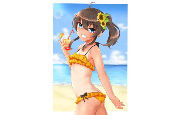 Girl, sexy, ass, cleavage, beach, sea, brown hair, boobs