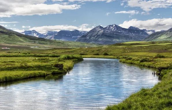 Picture mountains, river, valley, Iceland