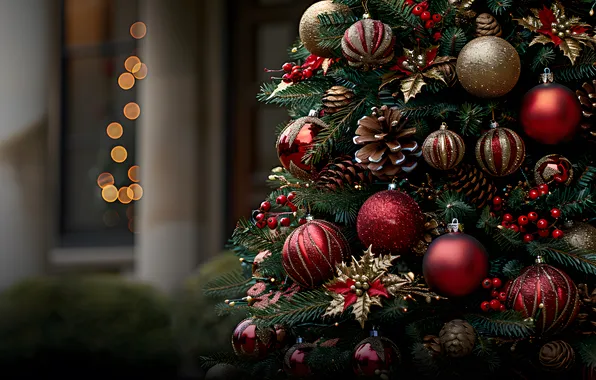 Balls, branches, Christmas, red, New year, herringbone, needles, elegant