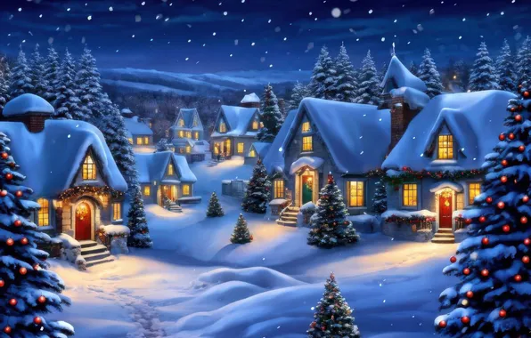 Winter, snow, night, new year, village, Christmas, the snow, snowfall