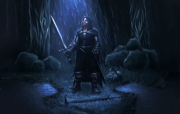Picture night, rain, sword, warrior