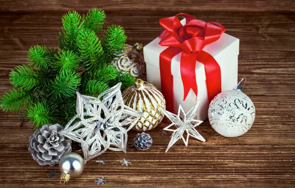 Decoration, gift, balls, tree, New Year, Christmas, Christmas, wood