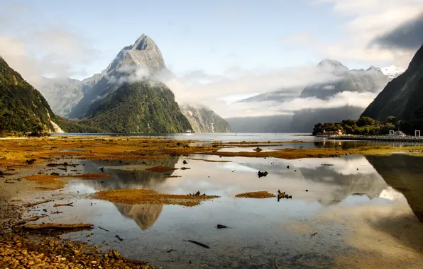 Picture the sky, clouds, trees, mountains, fog, lake, ship