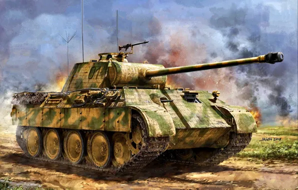 Picture Germany, Panther, Tank weapon, Average, Painting, WWII, Pz.Kpfw.V, command tank
