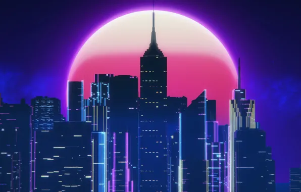 Night, Music, The city, The moon, Style, Neon, 80's, Synth