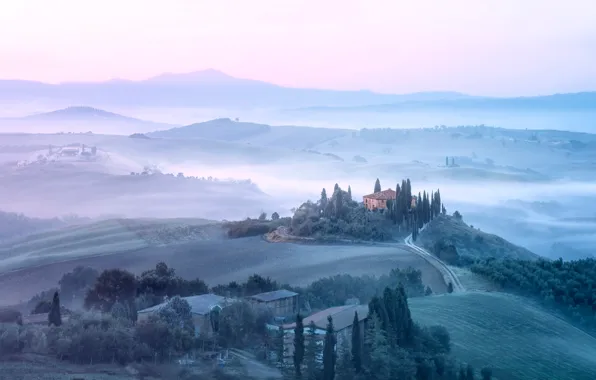 Fog, hills, dal, morning, Italy, Tuscany