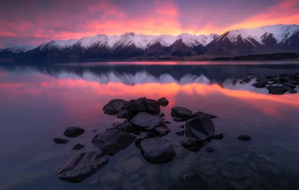 Light, snow, sunset, mountains, lake, stones, shore, tops
